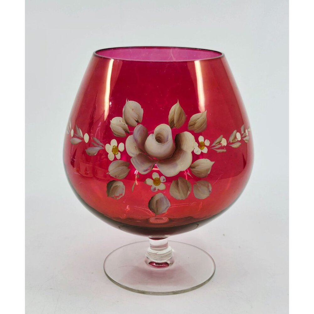 Vintage Cranberry Red Glass Vase With Hand-Painted Floral Design